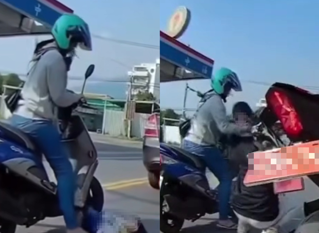 一位妈妈将未戴安全帽的女童放在前踏板上，停红灯时女童没站稳，整个人掉在马路上，而妈妈竟然先叼菸，旁边的重机骑士看不下去赶紧抱起女童。（翻摄自爆废公社）