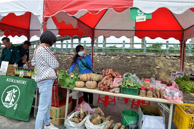 西湖乡农会9日在西湖乡飞龙大桥周边农田，举办甘藷农业体验之旅活动，现场还有农特产品摊位。（苗栗县政府提供／谢明俊苗栗传真）
