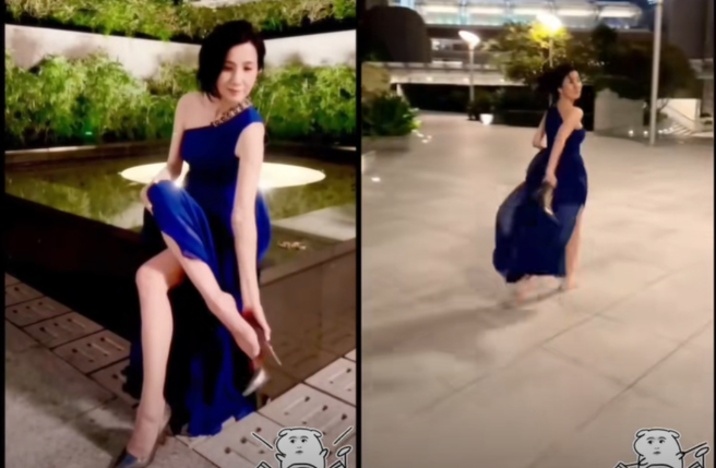 关秀媚脱下高跟鞋在香港大街赤脚奔跑。（图／抖音 关秀媚）