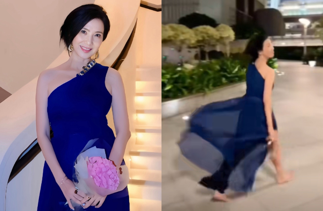 关秀媚赤脚现身香港街头，穿10年前礼服泄绝美近况。（图／抖音 关秀媚）