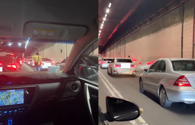 昨天半夜北市基隆路地下道大塞车，民眾走在车道上非常危险。（翻摄自 陈宥丞脸书）