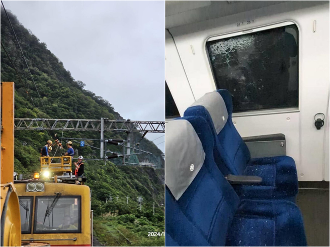 台铁256车次自强号列车，昨日深夜11点时54分行经宜兰县汉本路段时，其中2节车厢疑遭不明物体撞击，车顶冒出火花。（左：台铁宜兰段提供、右图：民眾提供／吴佩蓉宜兰传真）