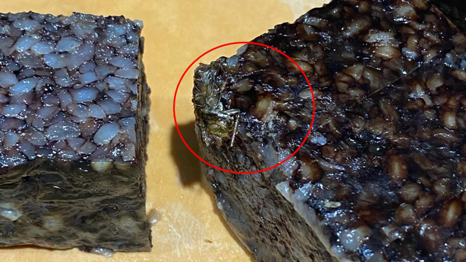 女子今在傳統市場買真空包米血，發現裡面有大隻完整的蟑螂屍體。（圖／Threads網友授權提供）