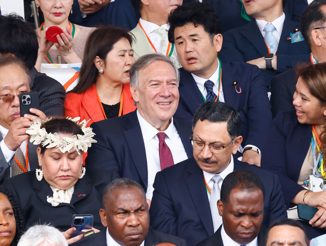 中华民国第16任总统、副总统宣誓就职庆祝大会今年5月20日在总统府前举行，美国前国务卿蓬佩奥（中）出席观礼。（陈信翰摄）