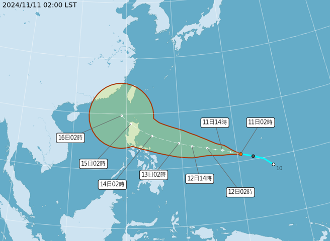 未來天兔颱風周四抵達呂宋島時可能北轉，影響台灣。（翻攝自氣象署）