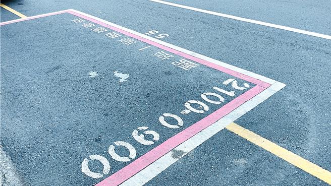 台东县路边妇幼专用「粉红停车格」，每日晚间21时至隔日上午9时开放一般车辆停放。（萧嘉蕙摄）