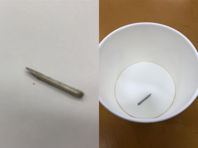 基隆市中山高中有学生11月8日发现团膳午餐出现异物，疑似是猪只打疫苗时，断落的针头。基市府立即会同台北市政府针对团膳业者展开联合稽查，并针对食材溯源追查。（基隆市政府提供／张志康基隆传真）