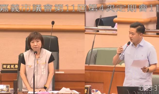 嘉义市议员郭定纬（右）今（11日）质询卫生局长廖育玮（左）揭露嘉义市近2年食品中毒人数剧增，要求卫生局将稽查结果透明化。（郭定纬服务处提供／吕妍庭嘉义传真）