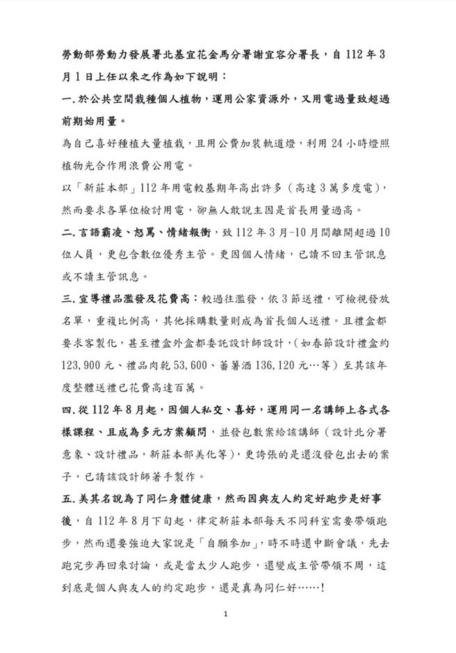 劳发署北区分署长谢宜容遭控职场霸凌，新北市议员李宇翔公开员工陈情书，更曝光她涉及贪污、图利等问题。（新北市议员李宇翔提供）