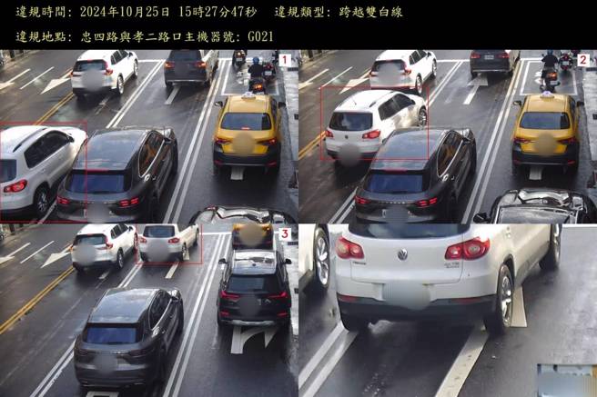 孝二路與忠四路口偵測跨越雙白線違規畫面。（圖警方提供／簡銘柱翻攝）
