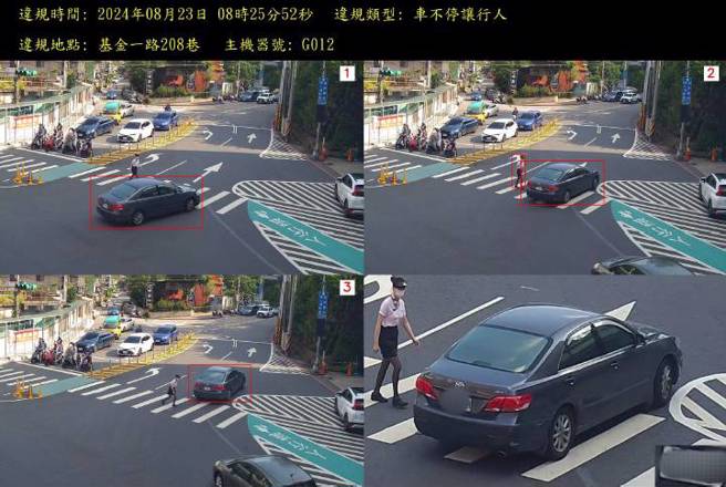 基金一路208巷口偵測車不讓人違規畫面。（圖警方提供／簡銘柱翻攝）