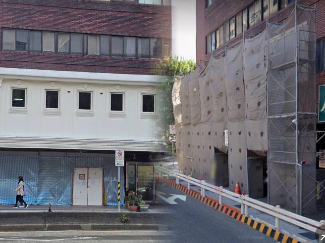 北市重庆北路二段一处大楼，外墙施工鹰架搭近3年爆争议。（记者游定刚拍摄）