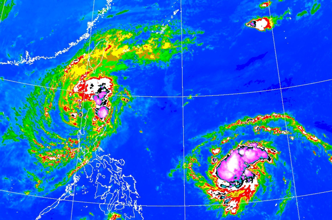 熱帶性低氣壓TD29尚未升格為天兔颱風，未來路徑可能北轉影響台灣。（氣象署）