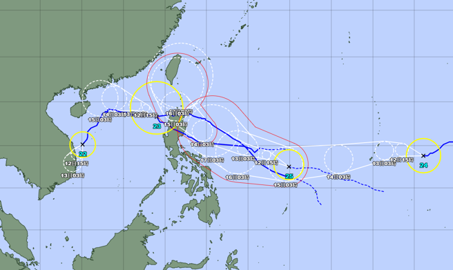 天兔颱风生成，西北太平洋同时4颱存在，写下歷史纪录。（翻摄日本气象厅）