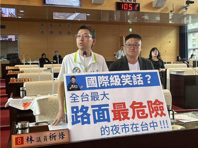 台中市議員林祈烽、施志昌12日在議會質詢痛批逢甲路況慘不忍睹。（林欣儀攝）
