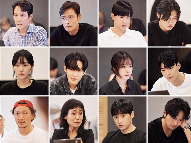 《魷魚遊戲》第2季陣容更堅強，此為讀本會議照，第一列左起李政宰、李炳憲、任時完、姜河那；第二列左起朴珪瑛、朴成焄、曹柔理、魏嘏雋；第三列左起梁東根、康愛心、李大衛、李陣郁。（Netflix提供）