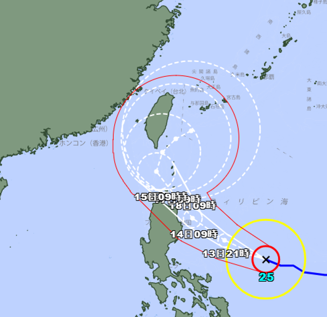 日本气象厅将天兔颱风路径东修。（翻摄自日本气象厅）