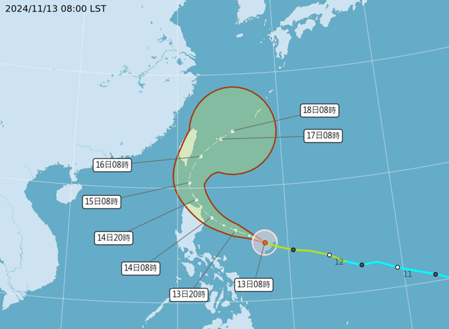 氣象署表示，天兔預計周五北轉，不過仍有不確定性。（中央氣象署提供）