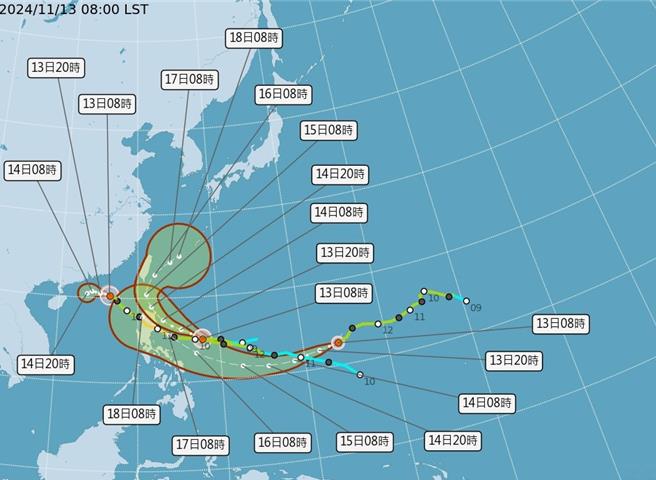 太平洋三颱共舞，公园署：若发布海上警报，将禁入生态保护区。（图／交通部中央气象署）