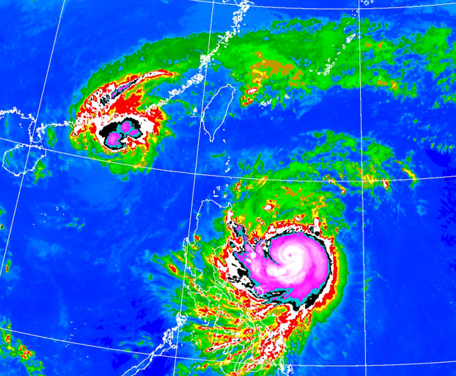天兔颱風目前位於鵝鑾鼻東南方海面，朝西北西轉西北進行，預計周五、周六最接近台灣。（翻攝自氣象署）