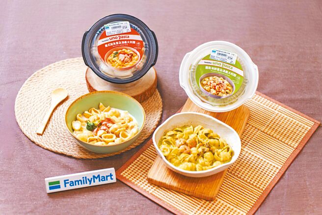 全家uno pasta秋冬新推「汤义大利麵」，麵体採用AGNESI特殊「云朵麵」麵款，诉求包覆更多酱汁。（吴松翰摄）