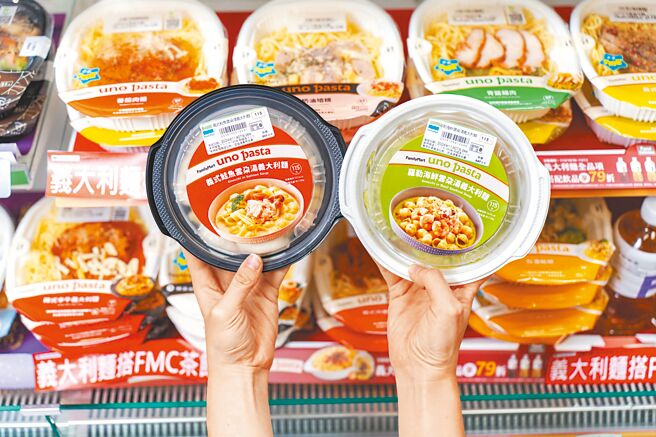 全家uno pasta汤义大利麵推「义式鲑鱼」及「罗勒海鲜」双口味，26日前uno pasta全品项搭FMC指定饮品享79折。（吴松翰摄）