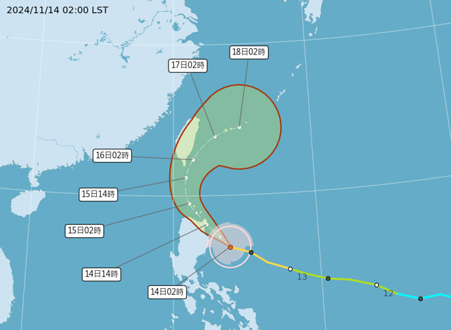 天兔颱風明天距離台灣最近，台東、恆春半島、綠島及蘭嶼嚴防強風豪雨。（中央氣象署提供）
