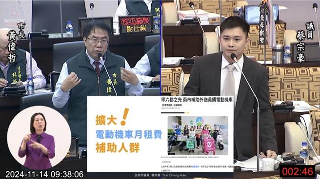 台南今年首创于空品不良季节补助外送员电动车月租费，上路月余，目前仅3人申请，市议员蔡宗豪(右)要求环保局思考是否补助不具吸引力，或是扩大放宽补助其他族群加入减碳行列。(曹婷婷摄)