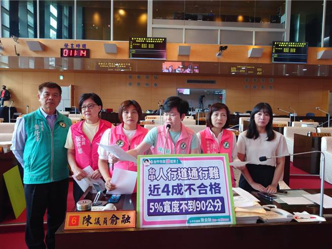 台中市议员陈俞融、萧隆泽、陈雅惠、陈淑华、张芬郁、谢家宜等人联合质询指出，台中市人行道净宽不足1.5公尺者多达4成。（陈俞融提供）