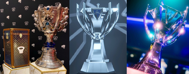 近年《英雄联盟》世界大赛的冠军奖杯常与精品合作，左为2019年世界赛与LV合作，中为2022年奖杯由Tiffany制作，右为2024年冠军奖杯。（翻摄自instagram、Facebook／LOLesport、Riot ）