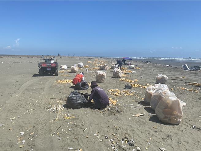 工作人員清理海岸廢棄物情形。（市府提供／寶智華台南傳真）