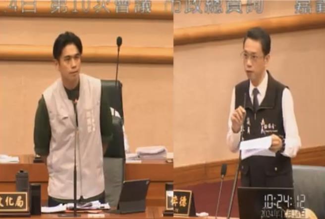 嘉义市议员李奕德(右)以「歷史小学堂」为题，质询上任2个多月的文化局长谢育哲(左)，谢育哲多半答不出来。(截取自嘉义市议会影像平台／吕妍庭嘉义传真)