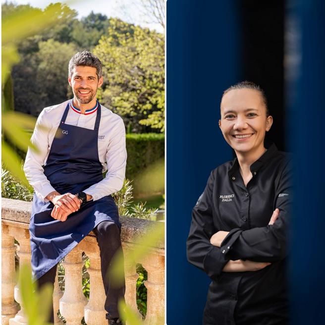 「四手联弹 星空飨宴」邀请「MOF法国最佳工艺师」及米其林一星双头衔主厨的Guillaume Goupil，携手法国勃艮第米其林摘星主厨Florece Dalia。(台北万豪酒店提供／陈韵萍合成）