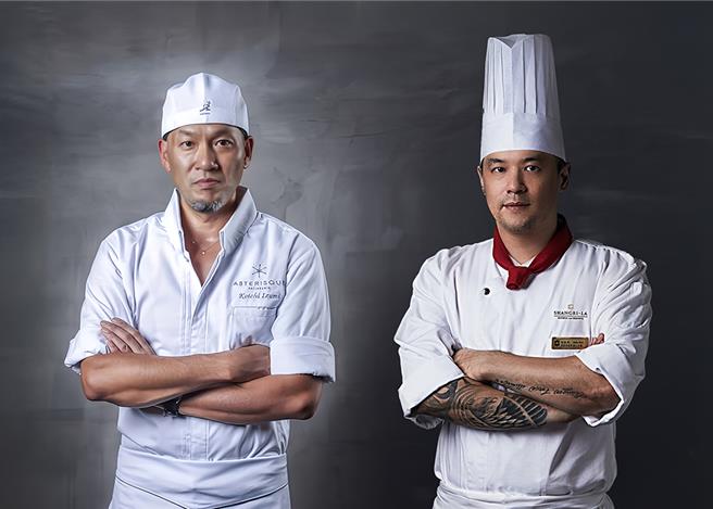全球甜点传奇大师「和泉光一」(左)11月22日来台，与饭店西点主厨许煜新(右)联手打造「匠心臻藏烧菓子礼盒」，订位1小时半即完售。(台南远东香格里拉提供)