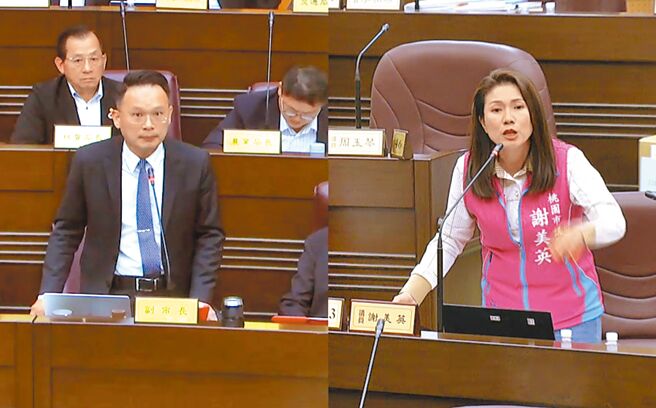 無黨籍桃園市議員謝美英（右）表示，日月光噴煙不是新鮮事。副市長蘇俊賓（左）強調，將研議擴大稽查範疇查核輔導。（蔡依珍攝）