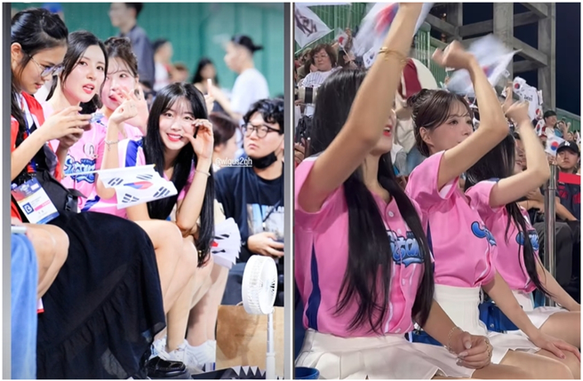 12强赛韩国队14日对上古巴队，韩籍啦啦队成员也到场，休息之余还在挥国旗加油。（图／摄自IG@wlgus2qh、IG@2s_enter_tw）