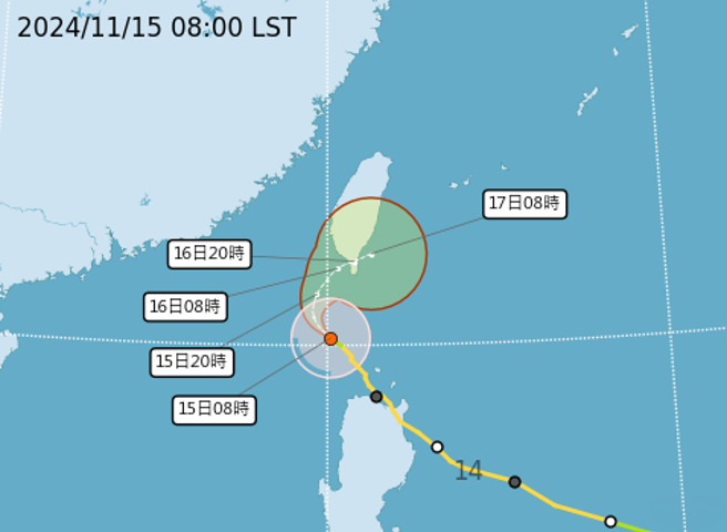 天兔暴風圈預估今晚接觸到南部陸地，強度將快速減弱。（中央氣象署提供）