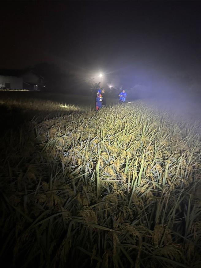 苗栗市一家银楼遭越籍男嫌性抢走价值30万元的金饰，警方14日晚间出动大批警力及支援的山城救协成员赴铜锣乡中平村围捕嫌犯，越籍嫌犯由稻田逃窜。（读者提供／谢明俊苗栗传真）