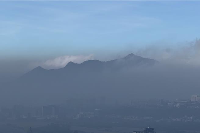 污染物持續累積造成能見度降低，從高處遠眺，台北盆地籠罩在一片灰濛濛的霧色中。（王爵暐攝）