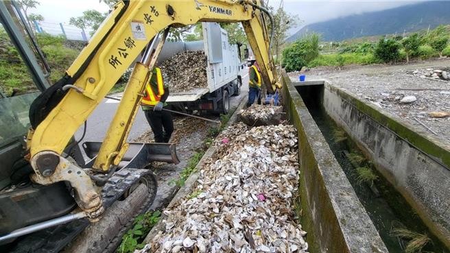 吉安乡华城路遭人倾倒牡蛎壳，发出恶臭，数量大，清洁队用怪手到场铲挖、消毒。（吉安乡公所提供／王志伟花莲传真）