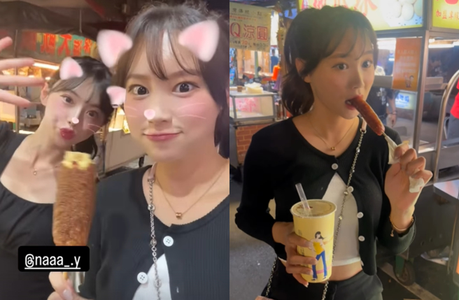 朴宣柱、金娜妍慕名到夜市品嚐美食。（图／IG@jjubi_jjubi_）