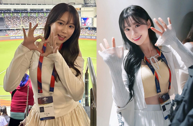 朴宣柱（左）、金娜妍现身台北大巨蛋被野生捕获。（图／IG@jjubi_jjubi_、naaa_.y）