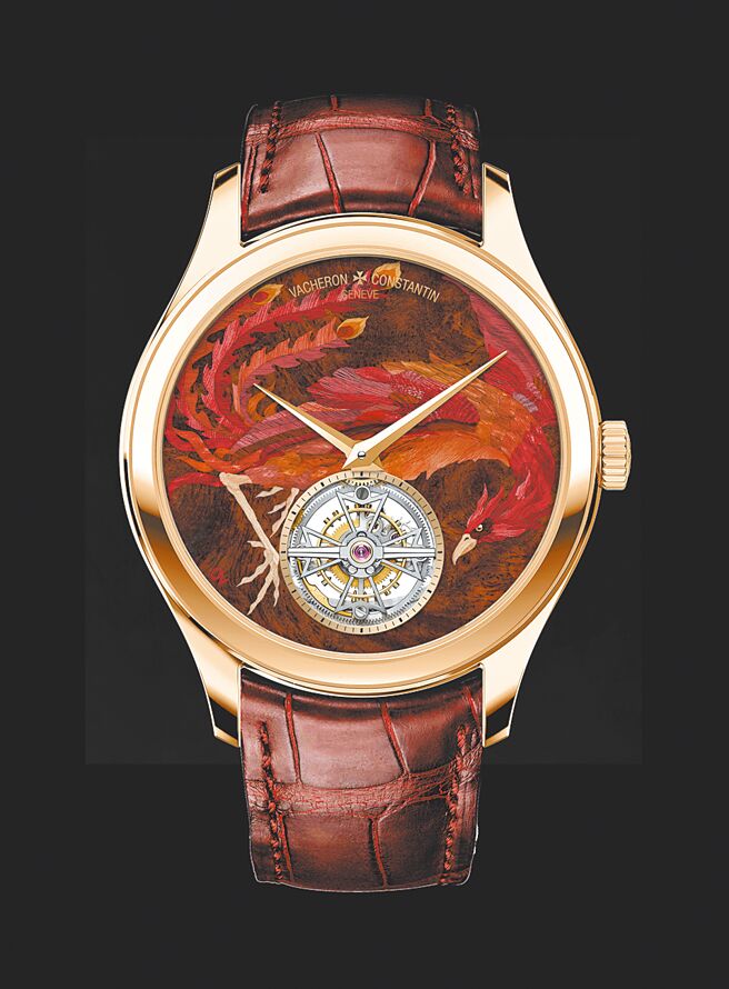 江詩丹頓以東方四大神獸青龍、朱雀（見圖）、白虎、玄武為靈感打造四款細木鑲嵌超薄陀飛輪腕表。 （Vacheron Constantin提供）