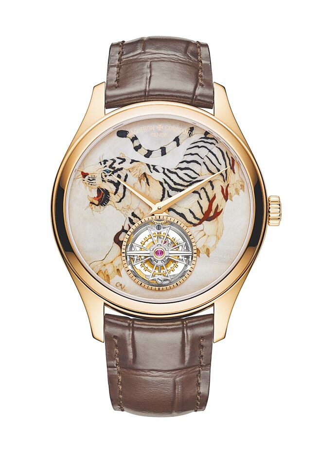 江詩丹頓以東方四大神獸青龍、朱雀、白虎（見圖）、玄武為靈感打造四款細木鑲嵌超薄陀飛輪腕表。 （Vacheron Constantin提供）