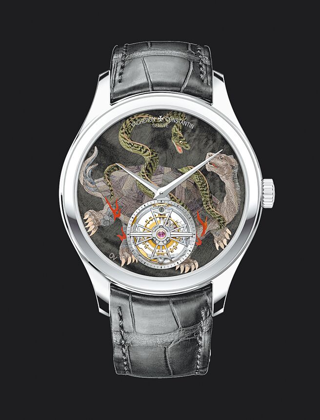 江詩丹頓以東方四大神獸青龍、朱雀、白虎、玄武（見圖）為靈感打造四款細木鑲嵌超薄陀飛輪腕表。 （Vacheron Constantin提供）