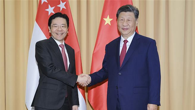 習近平會見新加坡總理黃循財加強多邊舞台合作。（新華社）