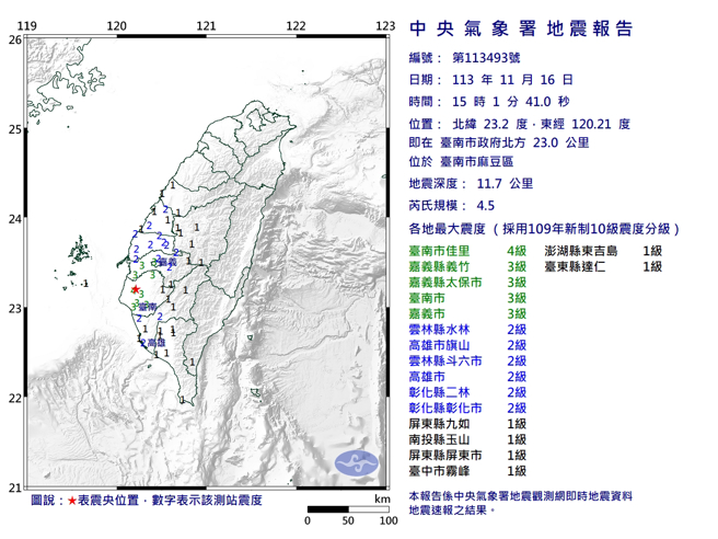 15点02分台南发生有感地震。（气象署提供）