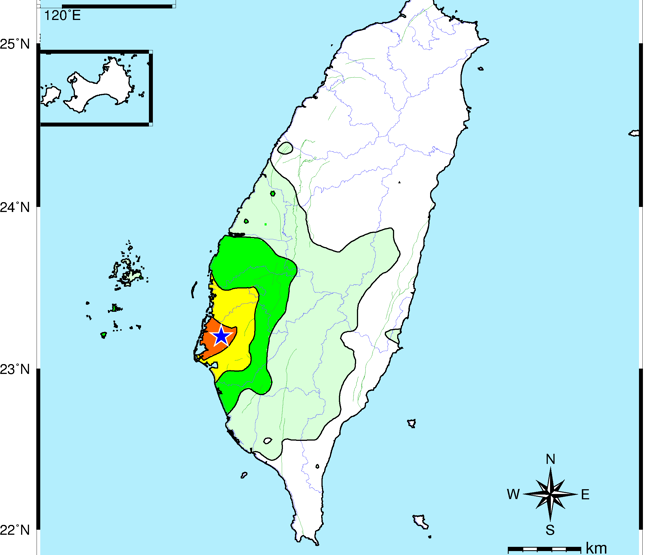 台南今天下午3点01分发生规模4.5有感地震，最大震度4级。（中央气象署提供）