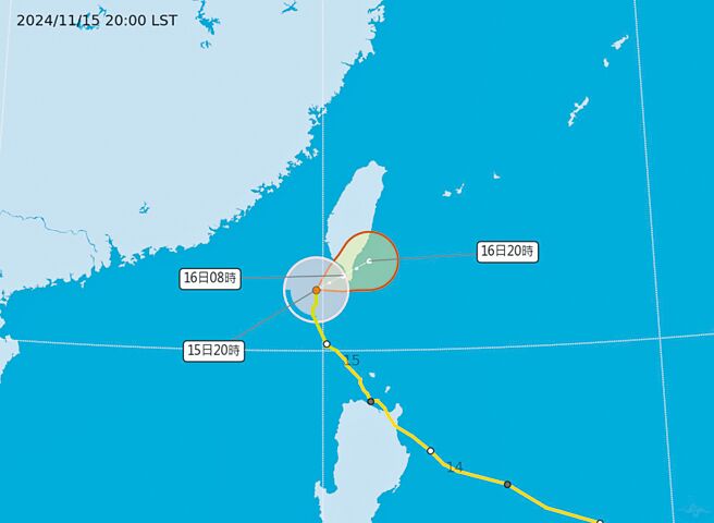 中央氣象署預估，天兔颱風將於16日上午登陸，強度將持續減弱，並於下半天出海後，有機會同時解除海陸警。（中央氣象署提供）