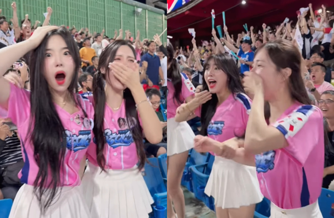 韩国大逆转多明尼加夺首胜，啦啦队女神嗨哭了。（图／IG@2s_enter_tw）